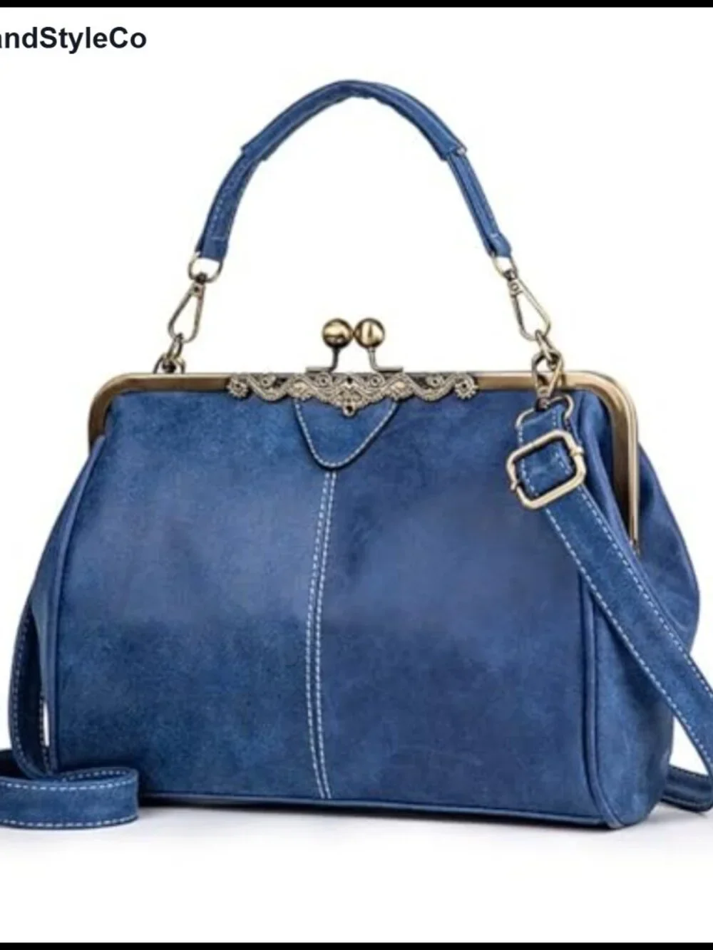 Vegan Leather Satchel Handbag with Kiss Lock, Top Handle & Crossbody Strap
